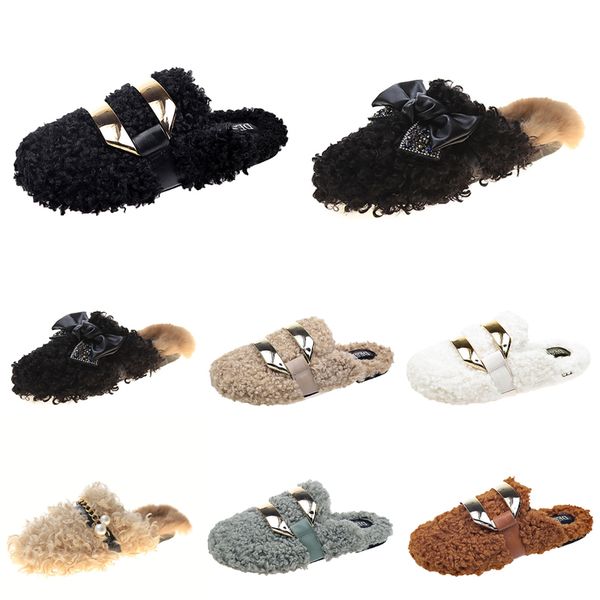 

newly autumn winter womens slippers metal chain all inclusive wool slipper for women outer wear plus big szie muller half drag shoes eur 35-, Black