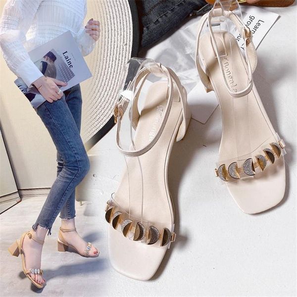 

sandals women's shoes 2021 summer fashion thick heel buckle sequin banquet, Black