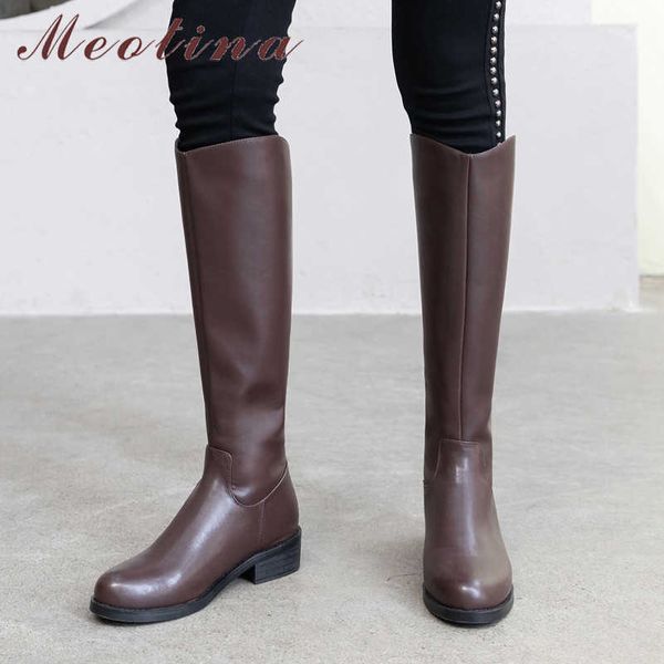 

meotina western boots women shoes real leather mid heel lady long boots buckle zipper block heels knee high boots brown size 40 210608, Black