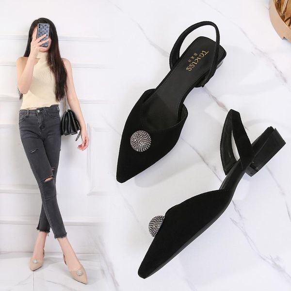 

dandelion crystal pointed toe women sandals flat heels sandalias ol comfy closed suede ladies work shoes woman, Black