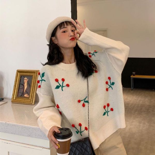 

women's sweaters 2021 autumn winter women flower sweater long sleeve o-neck causal knitted pullover 3d cherry sweet pull jumpers pullo, White;black