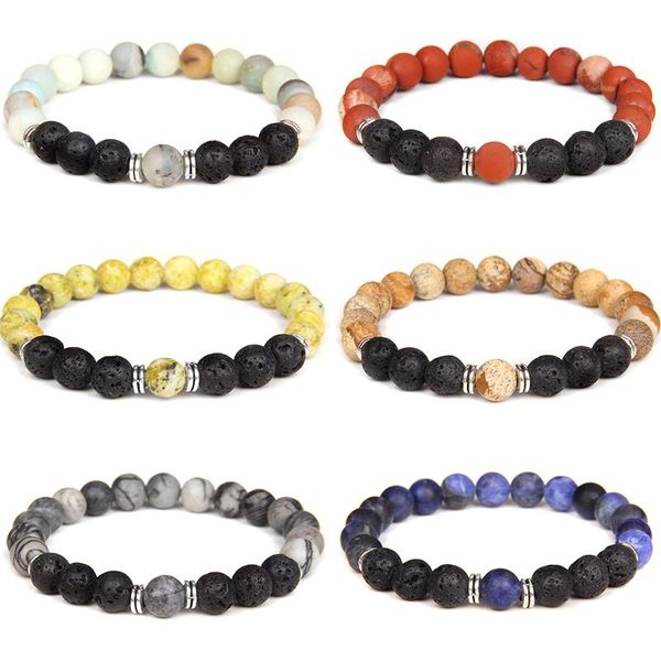 

beaded, strands natural lava stone bracelet healing balance matte amazonite beads charm bracelets yoga energy jewelry for women men, Black