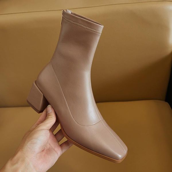 

boots genuine cow leather women zipper single square toe short thick heel ankle, Black