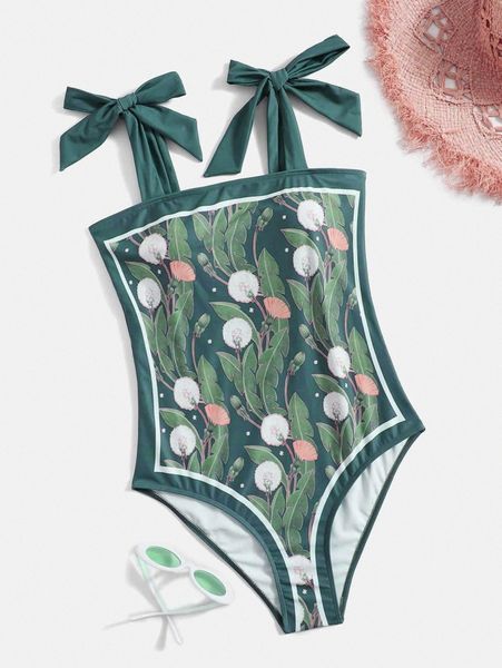 

plus plant print knot shoulder one piece swimsuit z14q#, Black