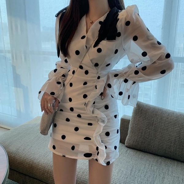 

casual dresses vestidos elegant women's clothing ruffles polka dot v-neck summer long sleeve dress fashion brand chiffon bodycon, Black;gray