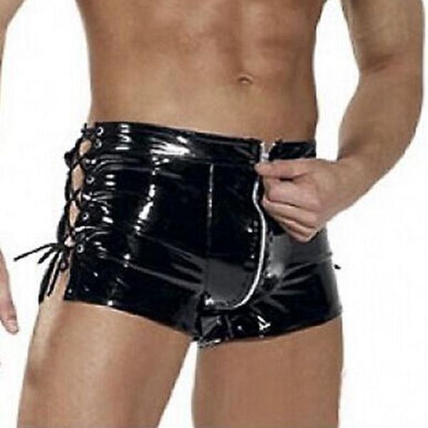 

women's panties plus size men boxers open crotch faux leather lingerie stage drawstring pvc black patent shorts underwear, Black;pink