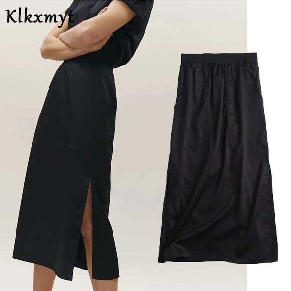 

klkxmyt za skirts women chic fashion solid black elegant midi skirt vintage elastic high waisted casual female mujer 210527