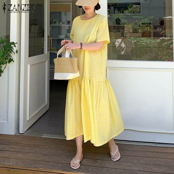 

dresses elegant check ruffle dress women's summer sundress 2021 casual short sleeve vestidos female o neck robe femme plus size, Black;gray