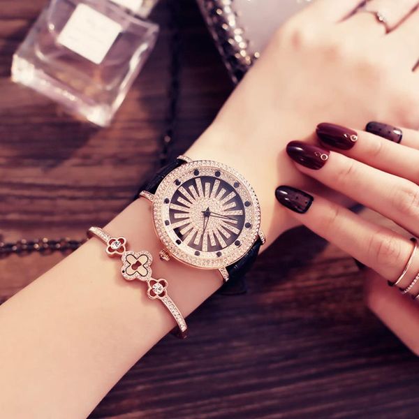 

rolling dial watch men women luxury lady sparkly diamond leather belt quartz clock creative bracelet starry sky bling wristwatch wristwatche, Slivery;brown