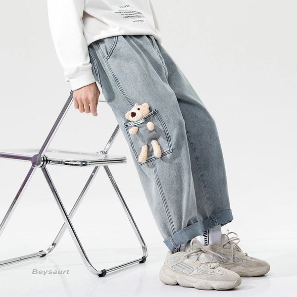 

men's jeans male brim pants casual oversize denim male jeans streetwear straight hip hop b0bf, Blue