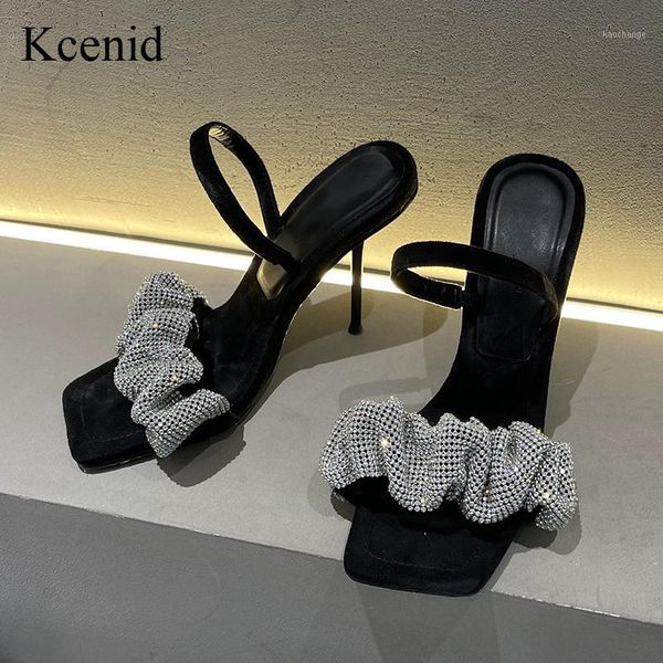 

sandals kcenid fashion crystal pleated band high heels women party shoes white black back strap open toe 2021