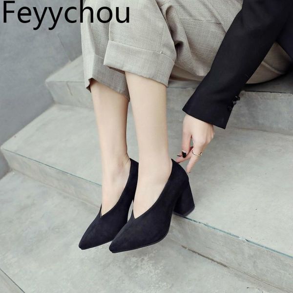 

women's pumps high heels spring autumn flock pointed toe slip on 2021 fashion casual party wedding beige big size 34-48 dress shoes, Black