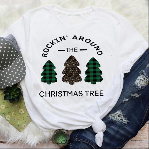 

women leopard t shirts plaid festival tree 90s holiday merry christmas print lady female graphic tees clothes shirt, White