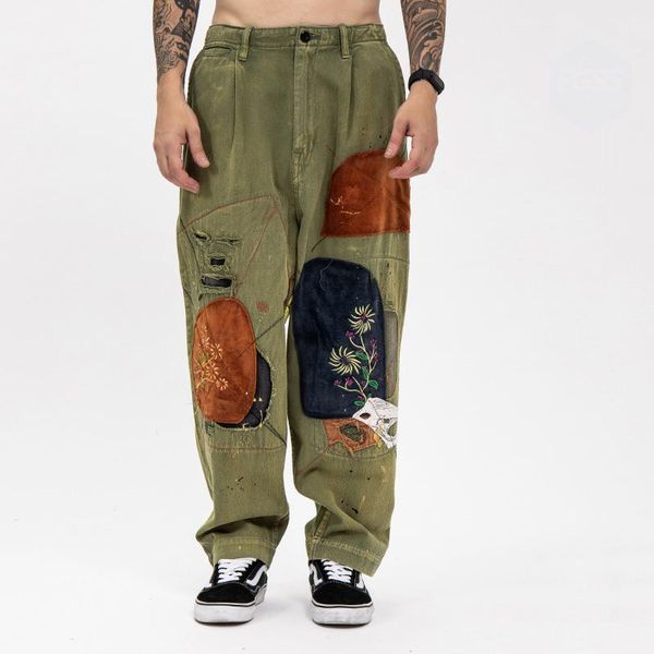 

men's pants oversized embroidery patches cargo men faded denim slacks casual wide leg trousers, Black