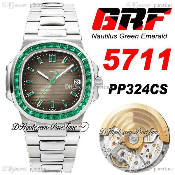 Grf 5711 verde esmeralda pp324cs a324 relógio automático relógio cinzento textura dial marcadores pulseira de aço inoxidável pulseira super edição hip hop jóias relógios puretime