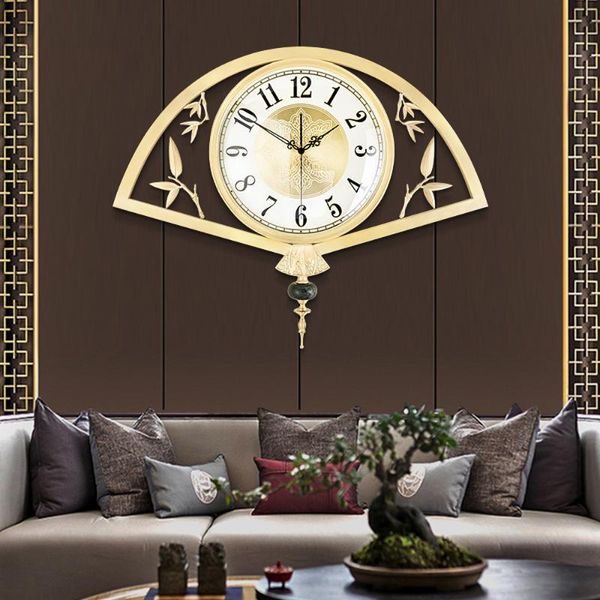 

living room wall clock chinese style fan-shaped copper bamboo leaf decoration creative clocks