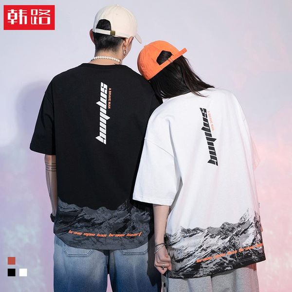 

summer casual men's printed t-shirt loose lovers trend short sleeve street t-shirts, White;black