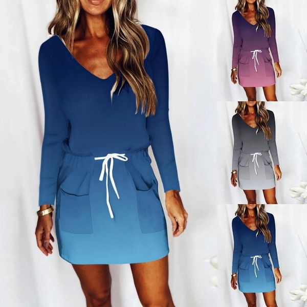 

casual dresses women gradient print dress 2021 long sleeve solid tie-dye loose party v-neck laced mini sundress vestidos, Black;gray