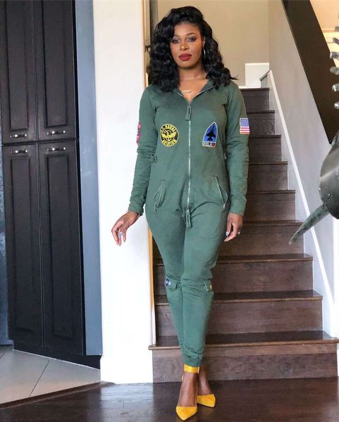 

2021 new style printed label fitting long sleeve jumpsuit in autumn of 2019, White