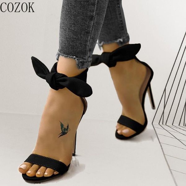 

women's casual simple high-heeled sandals fashion wild mature woman shoes ankle bow, Black