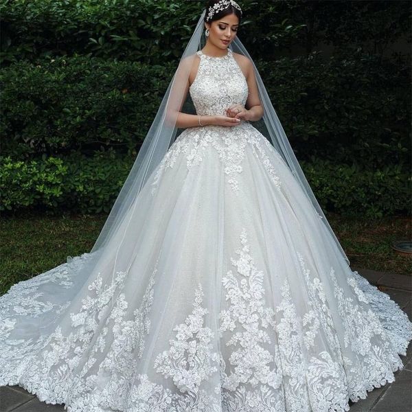 

arabic a line wedding dress lace applique sleeveless tulle bridal gowns luxurious vestido de novia, White