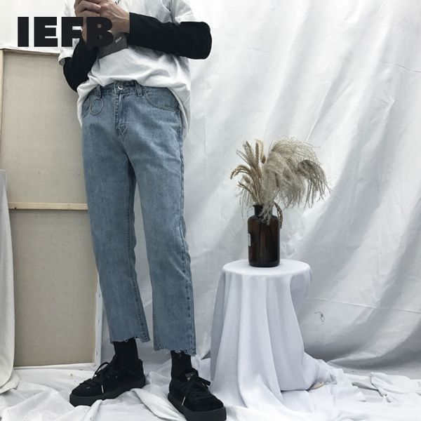 IEFB Korea Streetwear Fashion Blue Jeans Für Männer Einfache Ring Design Breite Bein Raw Edage Saum Lose Gerade Denim Hosen 9Y5100 210524