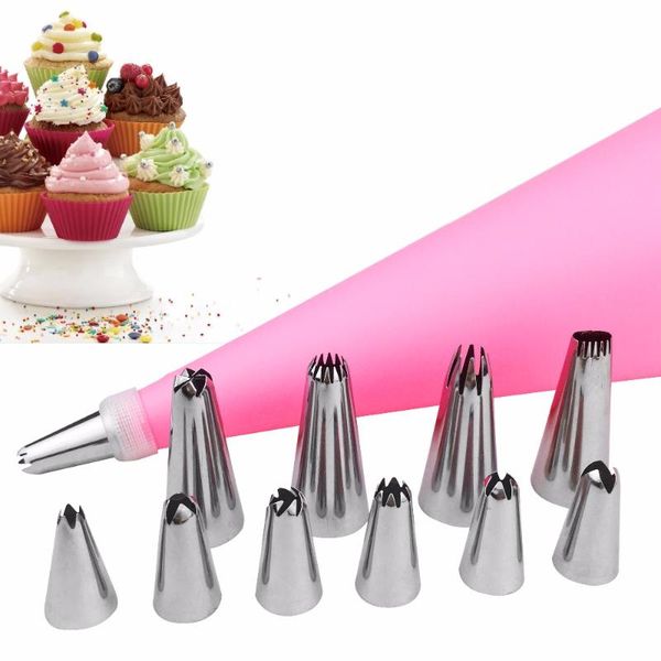 

baking & pastry tools 12pcs/set silicone icing piping cream bag + 10 stainless steel nozzle set diy cake decorating tips bakeware utensil