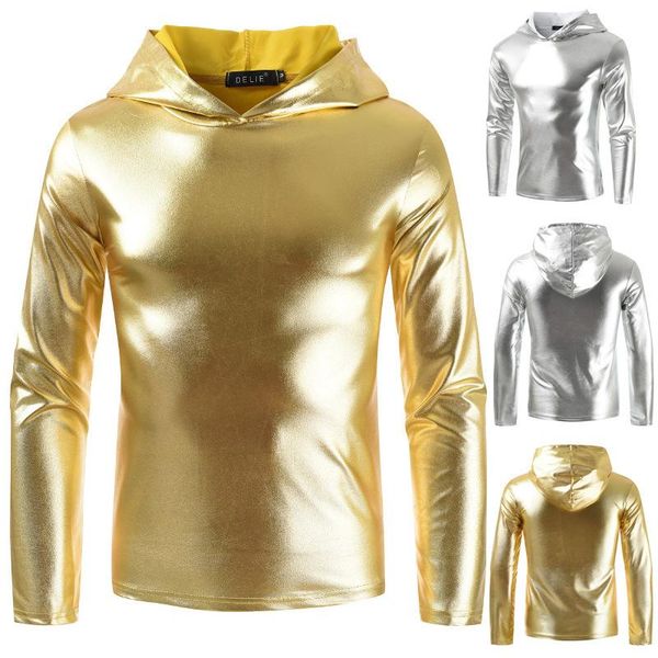 

men long sleeve slim shiny gold silver coated hooded tshirt fashion hip-hop nightclub stage performance t-shirt tee men's t-shirts, White;black