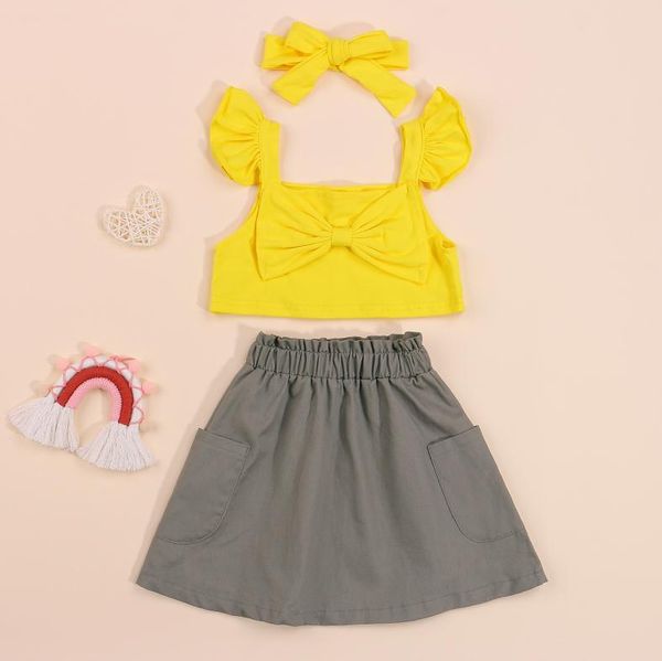 

clothing sets 3pcs toddler summer outfit solid color ruffled bowknot crop elastic waist skirt hairband for girls set 1-6 years, White
