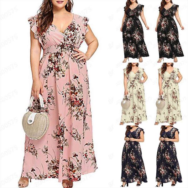

plus size summer women dresses v neck printing sleeveless casual ladies draw back large high waist vestido, Black;gray