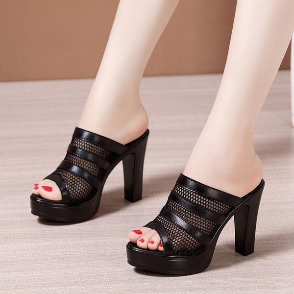 

fashion women's shoes summer genuine leather slippers female hollow sandals ladies high heels heel, Black