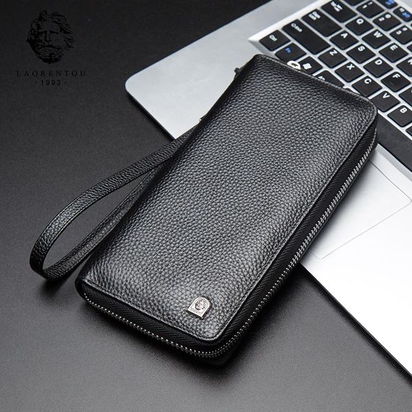 

wallets laorentou men's card holder purse cowhide zipper coin business man genuine leather clutch wallet bag, Red;black