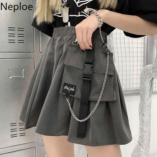 

skirts neploe safari style women mini skirt 2021 summer large pocket chain bottoms stretch high waist pleated a-line 59303, Black
