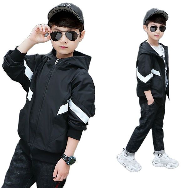 

spring & autumn polyester jacket for boy new korean version fashion hooded coat casual handsome movement childrens clothing, Blue;gray