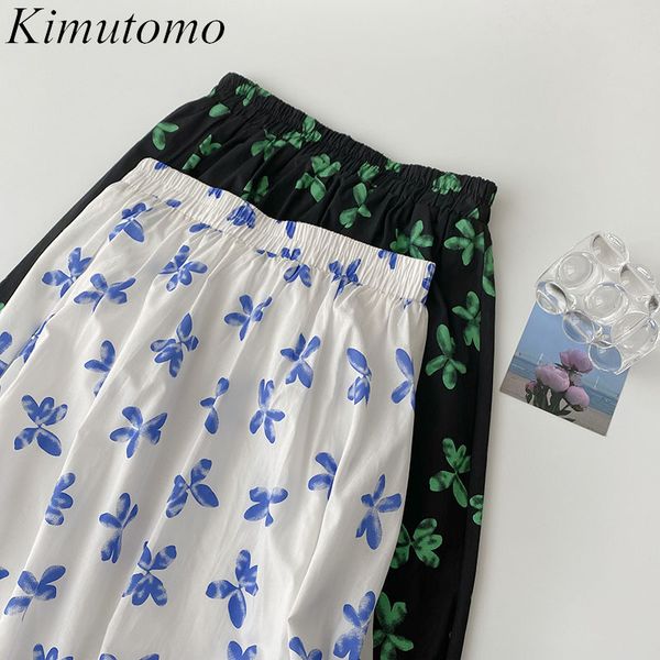 

kimutomo floral print skirt women summer korean sweet age-reducing high elastic waist a-line skirts female casual 210521, Black