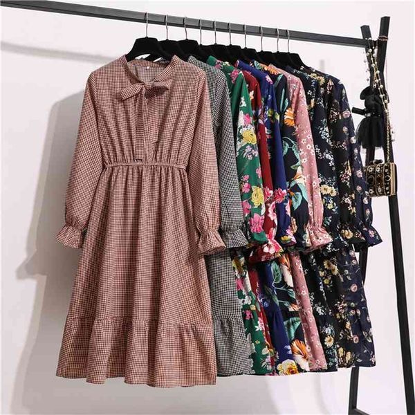 

11 style beautiful fashion summer women long sleeve dress retro collar casual high waist dresses floral print chiffon clothing 210806, Black;gray