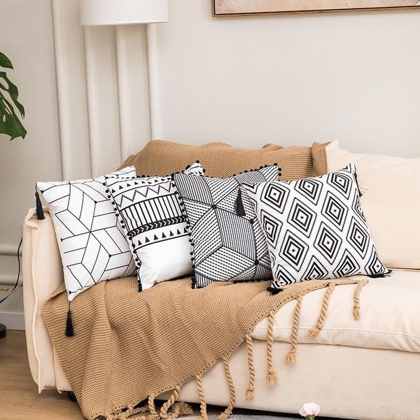 

cushion/decorative pillow simple decorative cushion cover white black rectangle soft 45x45cm 30x50cm geometric pom ball fringe