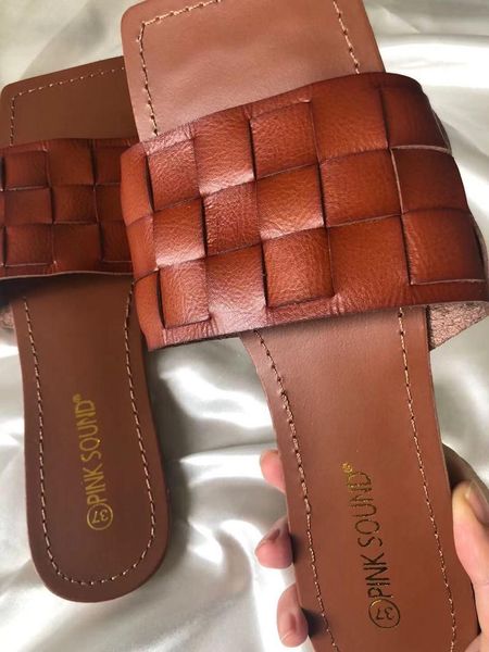 

trend women slippers weave pu leather flat heel rubber sole solid plaid summer outdoor slides beach sandals ladies shoes, Black