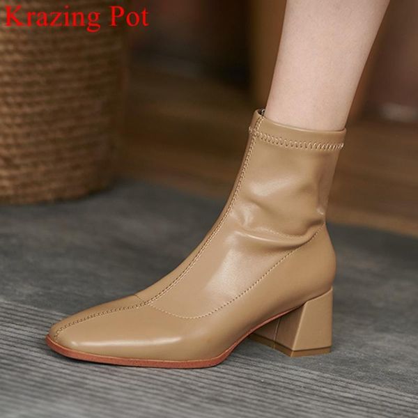 

boots krazing pot 2022 big size heels stretch zipper soft leather winter shoes office lady ankle l20, Black