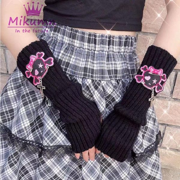 

five fingers gloves harajuku gothic cute cross love heart skull fingerless mittens women warm solid color knitted half finger long streetwea, Blue;gray