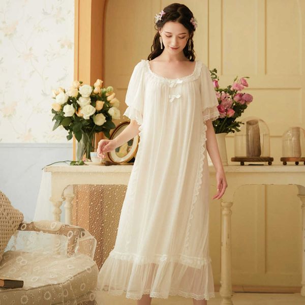 De mangas curtas Doce Mulheres Mulheres Verão Longa Fibra Modal Princesa Princesa Loose Branco Nightgown Plus Size Home Sleep Skirt 210924