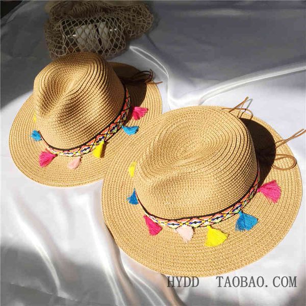 

summer straw woven womens ethnic hat handmade mens sun hat cowgirl tassel decoration casual beach panama, Blue;gray