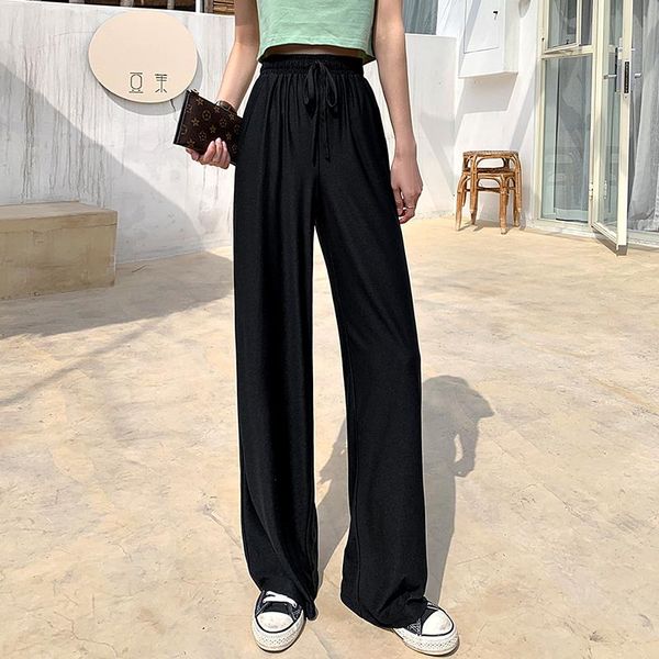 

women's pants & capris silk wide leg high waist drooping summer thin mop loose casual ice straight-leg trousers, Black;white
