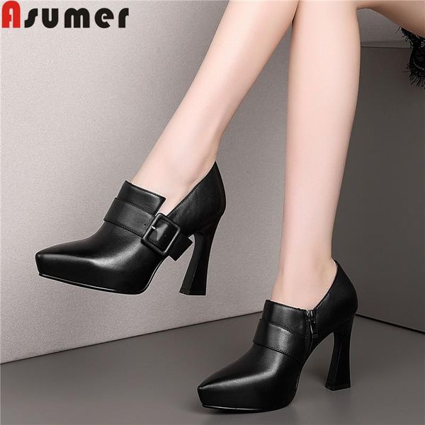 

dress shoes asumer 2021 genuine leather pointed toe zip high heels classic prom office women pumps, Black