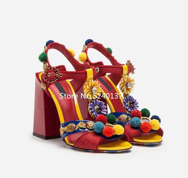 

gladiator pompom decoration red women sandals open toe rivets buckle strap mixed color chunky heel female, Black