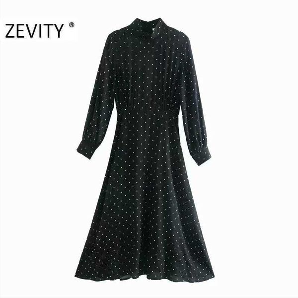 Zevity Mulheres Fashion Fashion Collar Stars Imprimir Casual Uma Linha Midi Vestido Escritório Senhoras Manga Longa Botões Vestido DS4582 210603