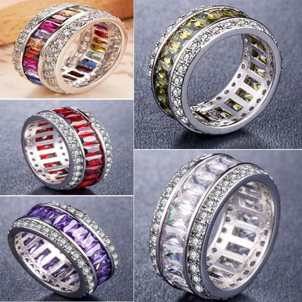 

wedding rings fashion rainbow crystal women brilliant baguette cubic zirconia color rhinestone ring female jewelry, Slivery;golden