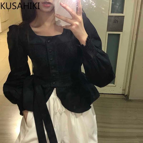 

square collar long sleeve blusas shirt women elegant puff spring bow tie slim waist blouses 6f738 210603, White