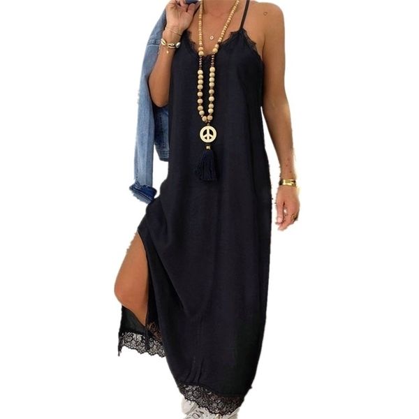 

black lace patchwork strap maxi v neck sleeveless side split women summer es casual beach dress loose robe femme, Black;gray