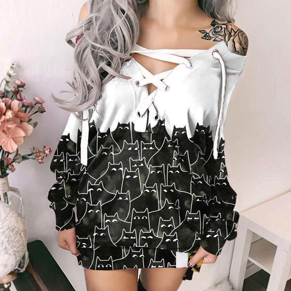 

casual dresses off-shoulder strappy autumn women's fashion cat prints patchwork long sleeves harajuku dress vestido de mulher, Black;gray